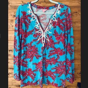 Lilly Pulitzer Westley Tunic Top Searulean Blue Rhode Island Coral Women's S